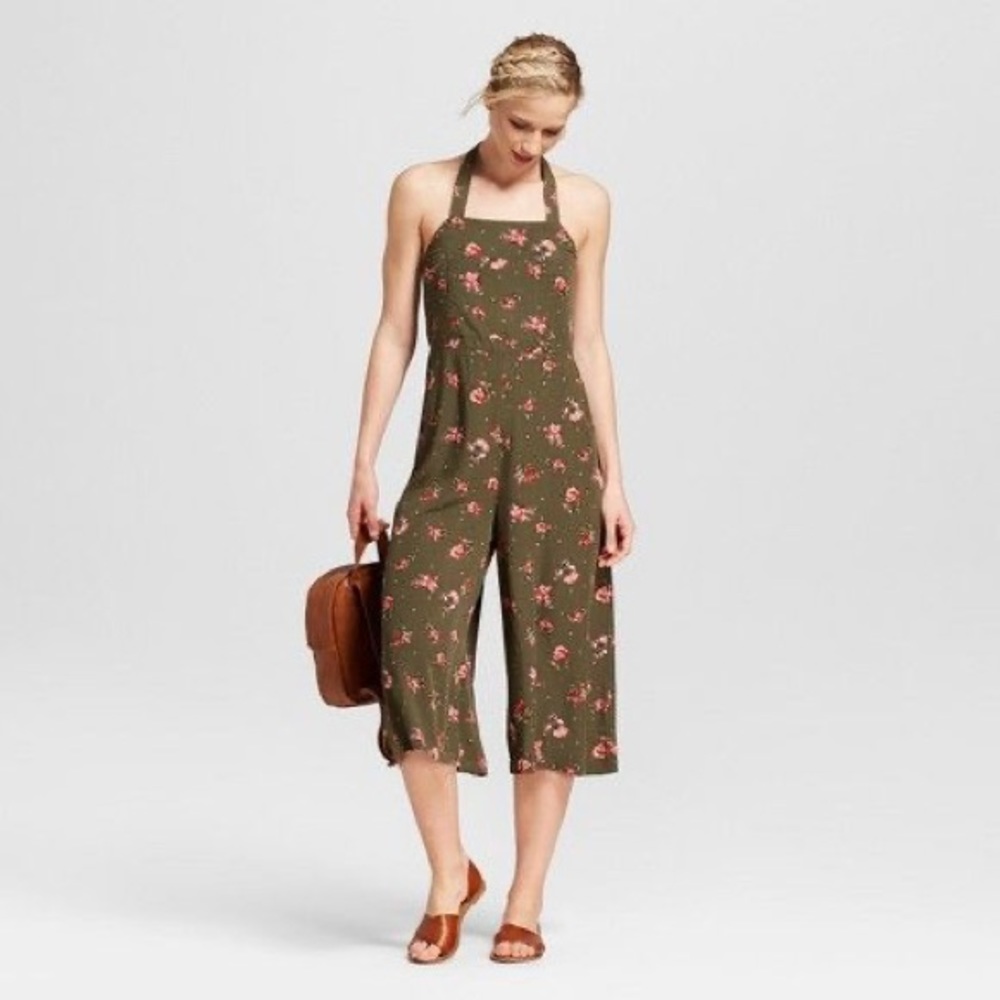 Floral Halter Wide Leg Jump Suit - Green & pink
